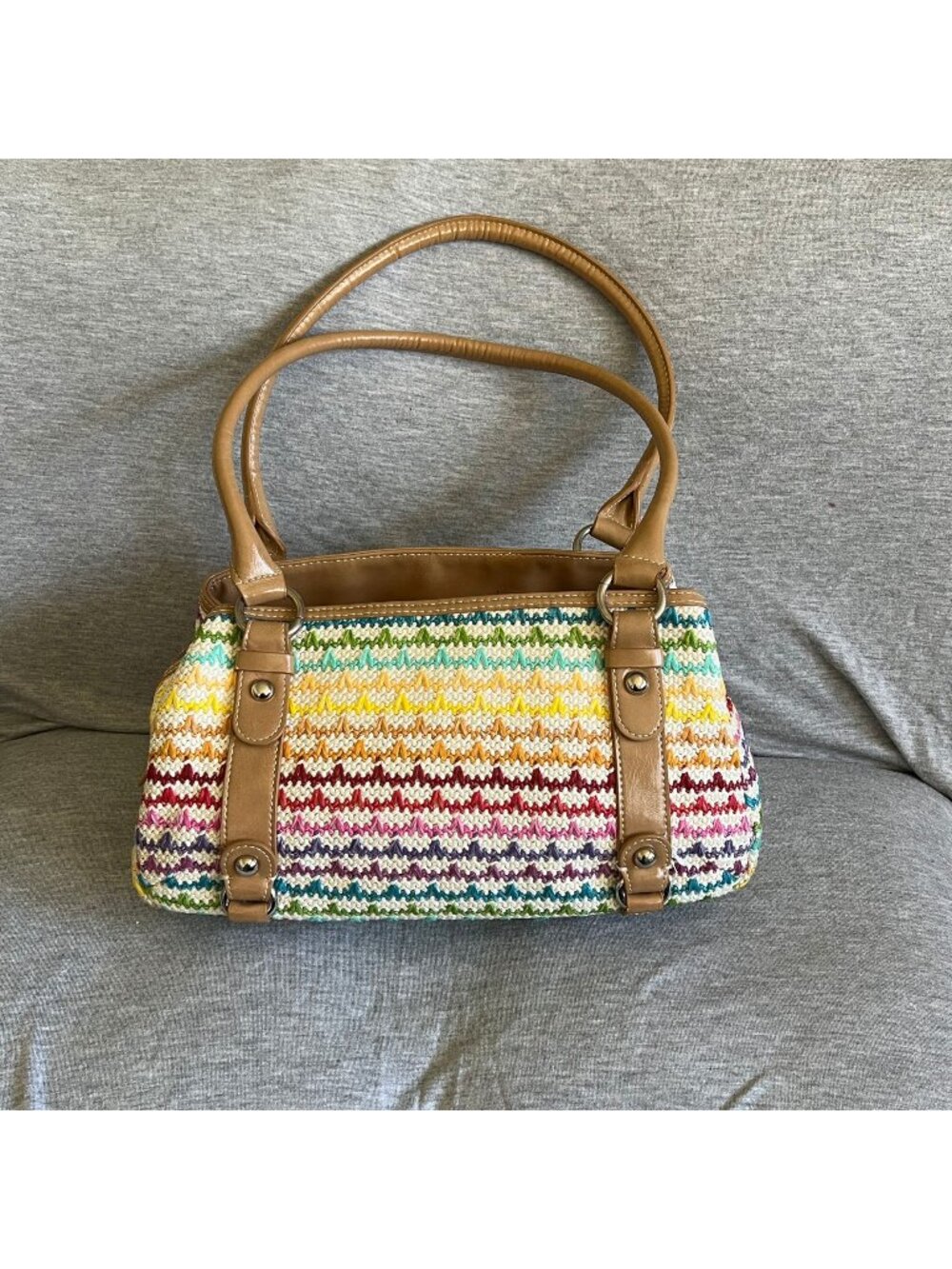 Rainbow Woven Tote Bag With Tan Faux Leather Trim & Double Handles